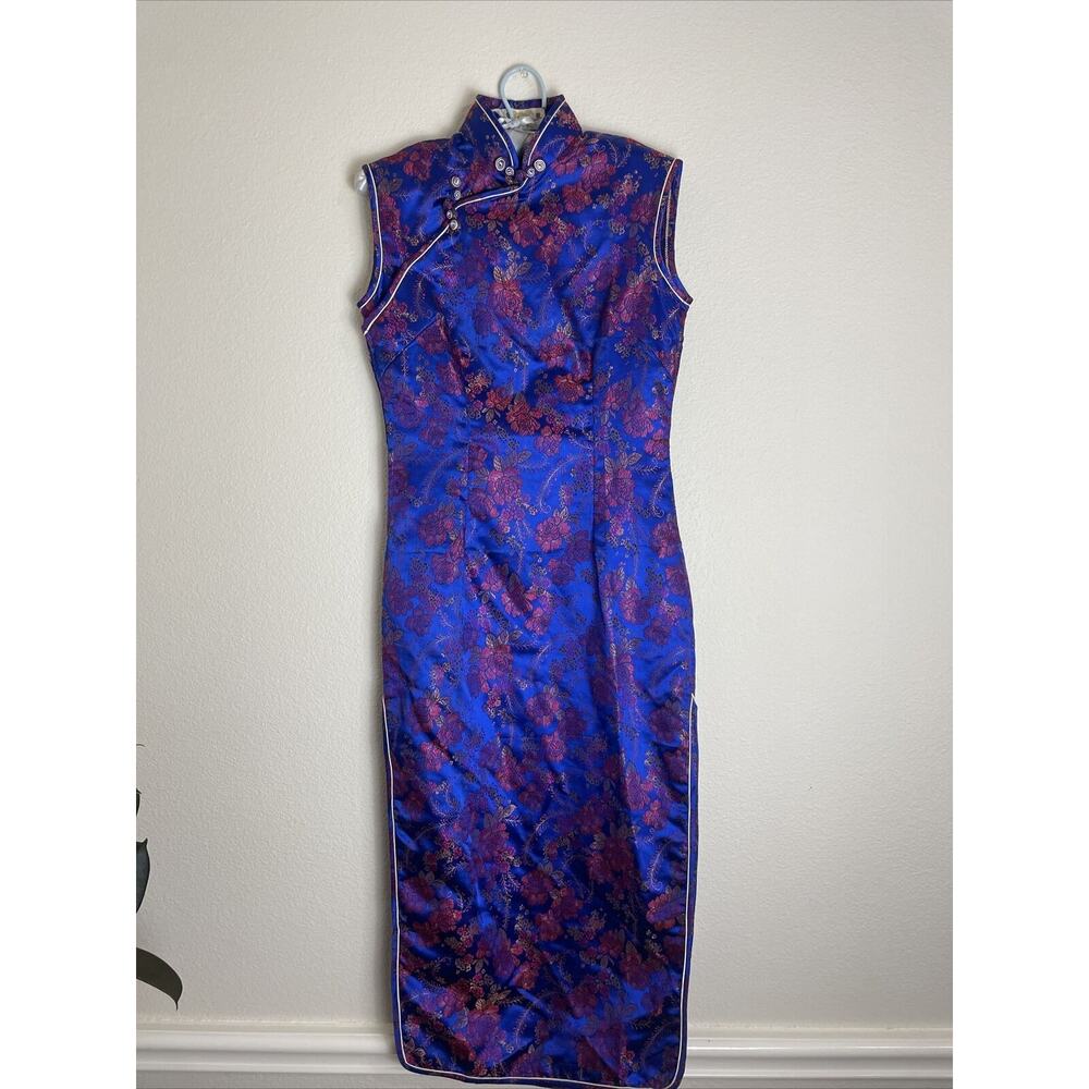 golden dragon, blue Asian Print Slit midi dress, Size 2-4